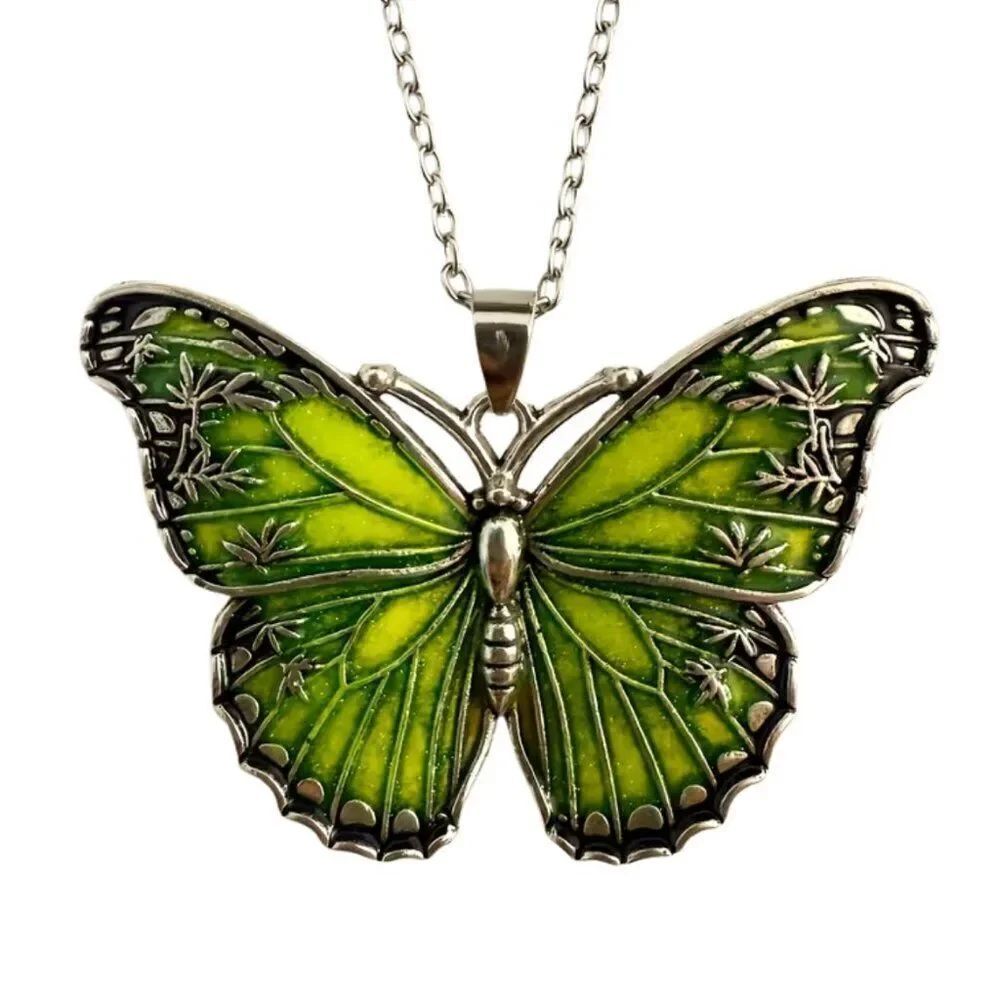 Mint Glow Butterfly Necklace Light Green Enamel Sparkling Oil Drop Silver Finish